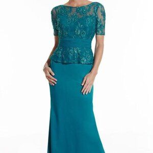 Serena London Teal Beaded Sequin Embroidered Lace Chiffon Gown